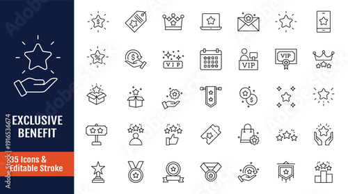 Exclusive benefits icon set. Icons related to reward, bonus, loyalty, star, winner, award, prize, incentive, reward and more. Outline icon with Editable stroke. Vector illustration
