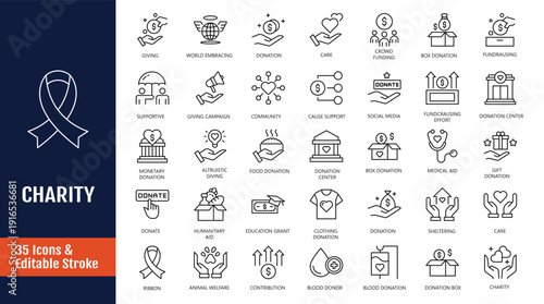 Charity icons set. Icons related of charity : caring for the elderly, helping homeless animals, donation, and more. Outline icon with Editable stroke. Vector illustration
