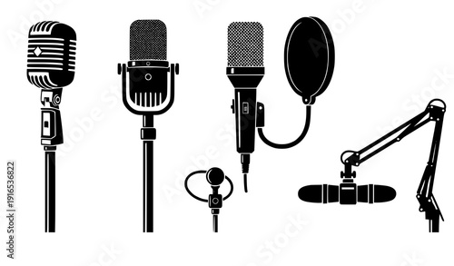 Podcast and broadcasting microphone black silhouette collection