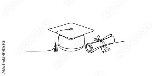 Continuous line drawing of a graduation cap and diploma scroll symbolizing academic success.