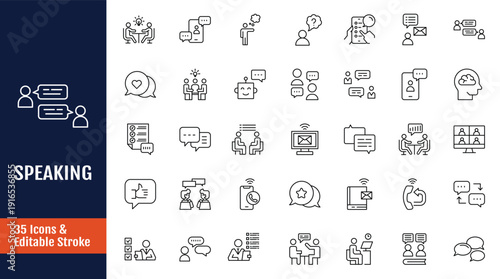 Speaking icon set. Communication icons collection. Related to discussion, speech bubble, talking, consultation, conversation and more. Outline icon with Editable stroke. Vector illustration