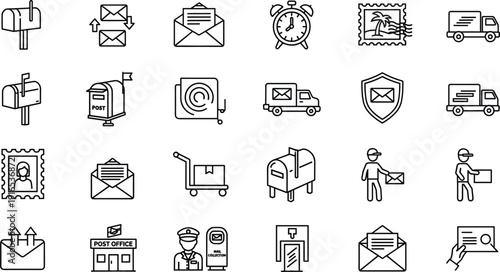 Vector illustration set of 24 line icons for post office, mail delivery, mailboxes, and logistics services।