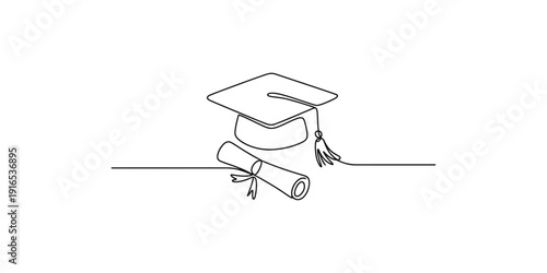 Minimalist continuous line drawing of a graduation cap and a rolled diploma certificate.