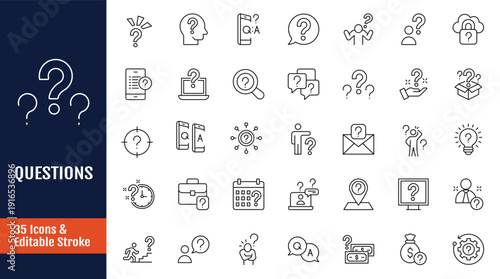 Question icon set. Icon related to Problem, confusion, asking, questioning, question mark, ask, help, speech, problem solve, and more. Outline icon with Editable stroke. Vector illustration