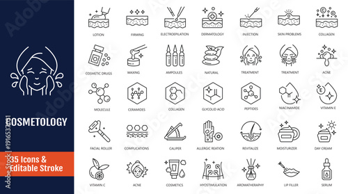 Cosmetology icon set. Outline icon with Editable stroke. Vector illustration