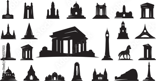 Collection of famous landmarks and monuments in black silhouette