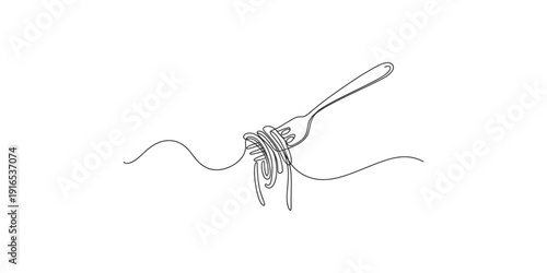 Minimalist line art illustration of a fork twirling a single strand of spaghetti on white.