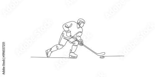 Minimalist line drawing of a professional ice hockey player skating with a puck on the ice rink.