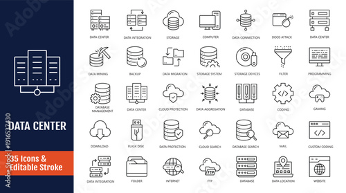 Data Center icon set. Related to server, hosting, cloud computing, security, internet, computer, data processing, and more. Outline icon with Editable stroke. Vector illustration