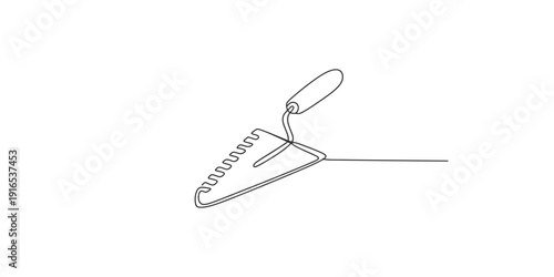A simple black and white line drawing of a notched masonry trowel with a wooden handle.