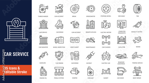 Car Service icon set. Car Repair and Maintenance icon. Icons related to repair, maintenance, inspection, parts, units, elements and more. Outline icon with Editable stroke. Vector illustration