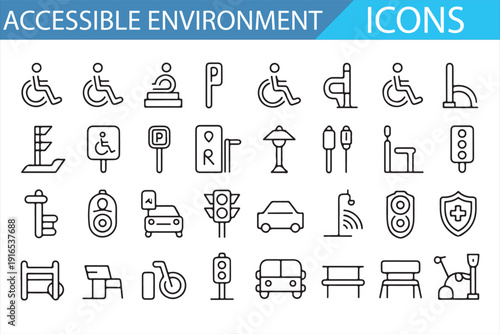 Accessible Environment Line Icons Set – Disability Access Symbols, Wheelchair Ramp, Braille, Elevator, Inclusive Urban Infrastructure Outline Vector Illustration Collection