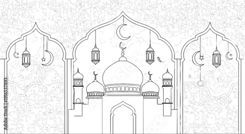 Islamic Mosque Architecture Line Art Illustration.