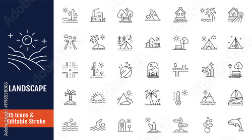 Landscape icon set. Icons related to mountain, sea, lake, river, forest, beach, desert, field, island, volcano, waterfall, and more. Outline icon with Editable stroke. Vector illustration