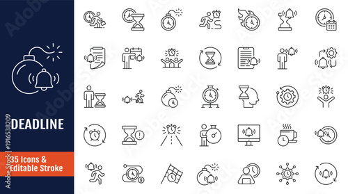 Deadline icon set. Icons related to alarm, calendar, clock, and more. Outline icon with Editable stroke. Vector illustration