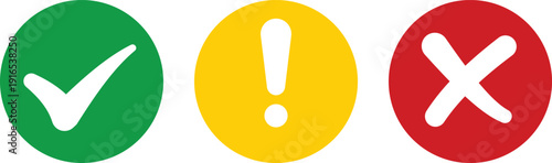 Three colored circles with checkmark exclamation and cross symbols
