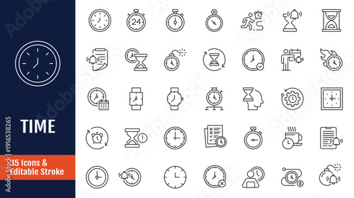 Time icon set. Icons related to Clock, sand clock, time and date, and more. Outline icon with Editable stroke. Vector illustration