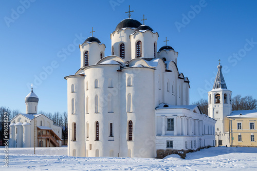 The ancient Cathedral of St. Nicholas the Wonderworker on Yaroslav's Courtyard (1113-1136) on a sunny February day. Veliky Novgorod, Russia