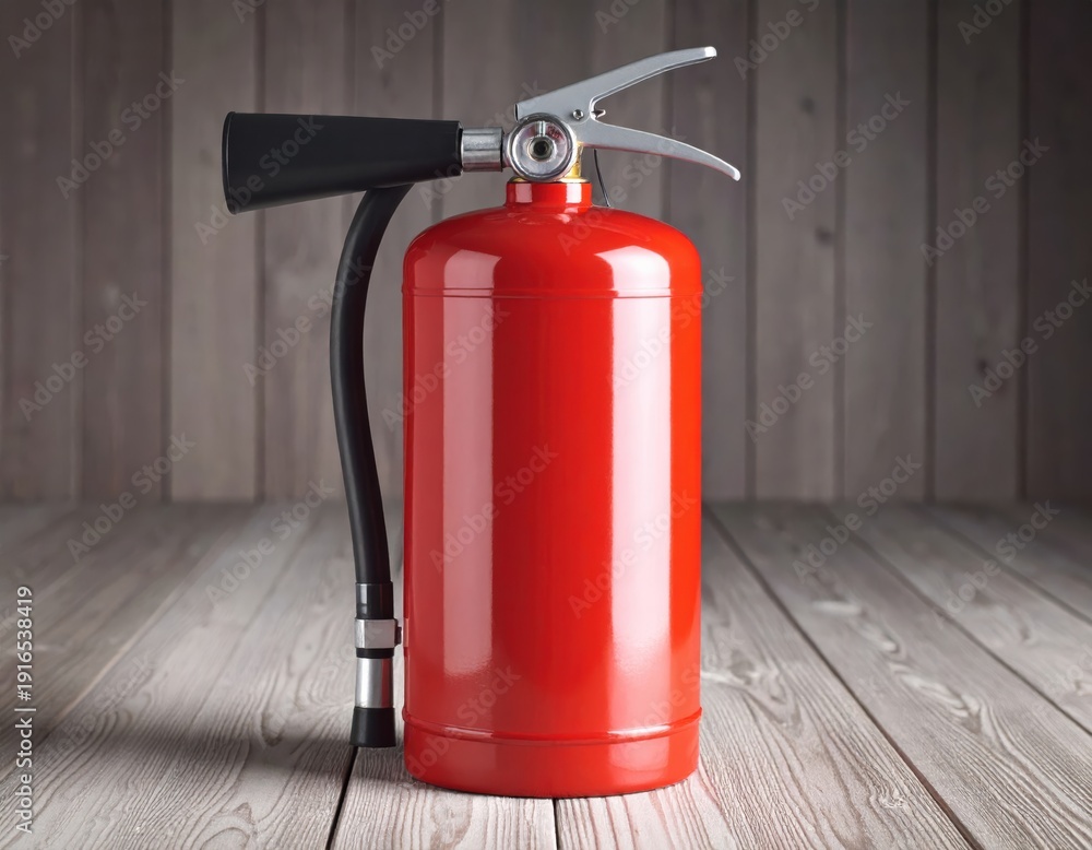 Obraz premium Fire extinguisher with a black hose and nozzle placed on wooden floor against a wooden wall background for safety and emergency preparedness