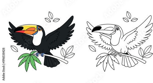 Happy cartoon Toucan bird spreading black wings on a tree branch with green leaves