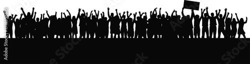 Crowd cheering silhouettes, protest rally people, raised hands celebration, unity teamwork concept, demonstration audience vector illustration banner background