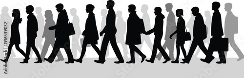 Crowd of walking business people silhouettes, urban commuters, busy city workforce, professional rush hour, modern society movement concept