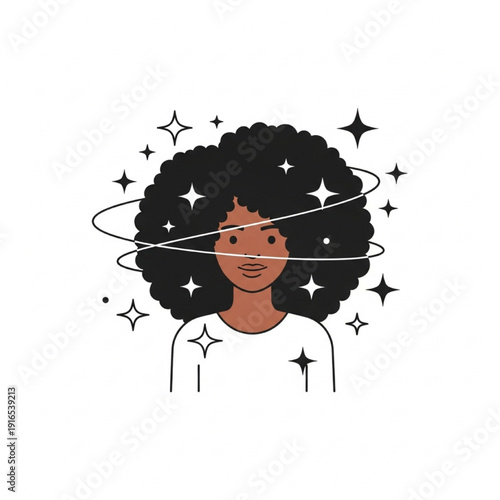 Confident Black Girl with Natural Hair and Sparkling Stars Modern Minimal Flat Vector Illustration