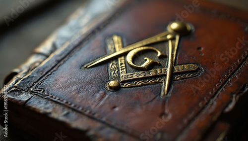 Antique leather book cover features Masonic emblem with compass and square symbol. Detailed gold embossed design shows age and craftsmanship. Old relic for study.