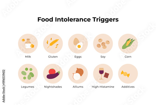 Food intolerance triggers infographic. Vector icon set including gluten, nightshades, high-histamine, alliums, and dairy for dietary restrictions.
