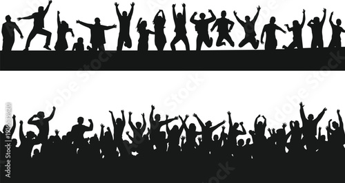 Crowd silhouettes, cheering people, dancing celebration, unity concept, victory pose, triumph scene, concert energy, rally support, communal enthusiasm, public event