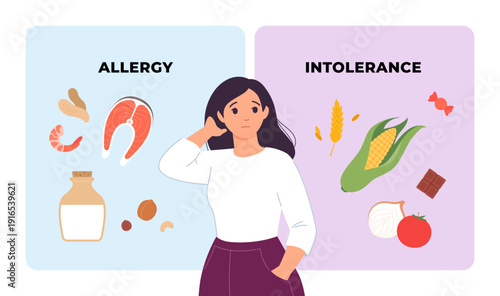 Woman comparing food allergy and food intolerance concept. Vector flat illustration of a confused character choosing between allergy triggers and sensitivity ingredients.