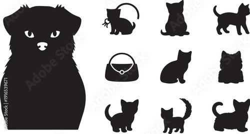 Black silhouettes of cats and dog on white background