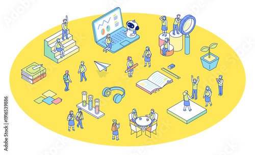 学校生活のアイソメトリックイラスト。制服を着た生徒が学校で学んでいるイメージのイラスト。