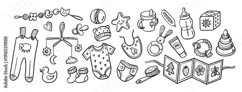 Hand drawn baby icons. Newborn, infant and toddler, childhood and parenting, maternity doodle symbols. Nursery, baby shower, childrens toy, hygiene products. Sketch diaper, rattle vector isolated set