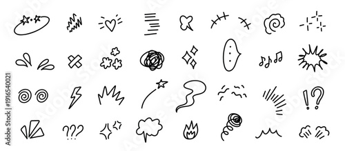 Comic expression icons. Doodle marks and kawaii bubbles for manga reaction, speech accents and emotion or surprise sound. Hand drawn action sparks, emphasis bursts isolated vector set