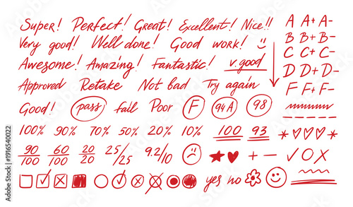 School grading doodle set with red score marks and handwritten comments for classroom worksheet, teacher exam feedback. Hand drawn script pass and fail symbols, checklist graphics isolated vector set