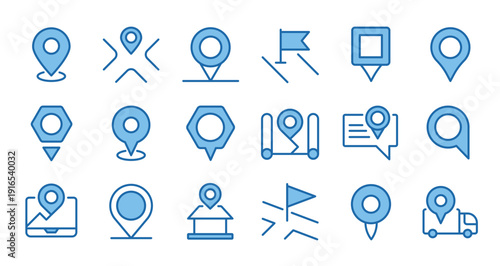 Map pin icons. Location marker and pointer flag for GPS navigation, delivery UI, route tracking. Geotag, address and route direction, place here and destination POI symbol. Vector isolated set