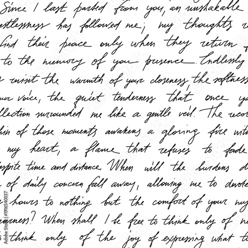 Handwritten text seamless pattern with cursive script and vintage ink illegible words for romantic letter, nostalgia fabric. Calligraphy abstract typography, poetic texture vector background