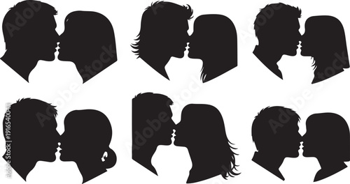 Silhouettes of couples kissing in various romantic poses together