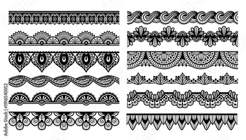 Lace seamless border. Cutwork trim, guipure swirls for vintage wedding invitation card dividers and textile craft, laser cut fabric. Decorative lace patterns, retro henna flourishes vector set