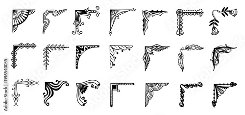 Hand drawn corners with ornament filigree scrolls and art nouveau flourishes vintage borders, retro invitation trim, baroque scrapbook label. Vector black silhouettes for lace edging, ornate divider