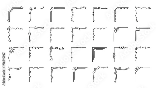 Corner doodle set. Line swirls and wavy flourishes vintage borders for retro wedding invitation template, hand drawn card edging design. Minimal ornaments for decorative dividers isolated vector set