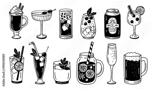 Drink and beverage doodle. Cocktail, mocktail and juice, soda and beer, smoothie and champagne, sketch wine and martini, mojito and lemonade, iced tea. Hand drawn outline vector isolated set