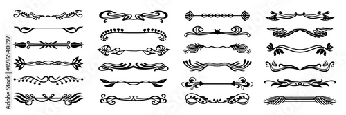 Art nouveau dividers with floral flourishes. Retro borders, baroque heading separators, ornamental book page ornate footer. Decorative art deco vintage frame jugendstil elements isolated vector set