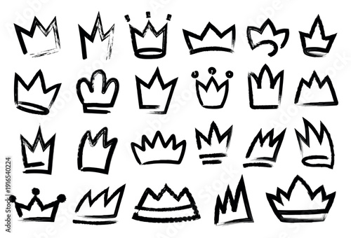Crown brush paint icons. Freehand, graffiti tiara, abstract grunge ink princess, queen and king, prince distressed stroke crowns royalty symbol. Premium, winner and award prize emblem. Vector set