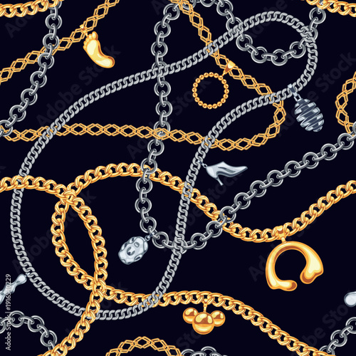 Golden, silver chains baroque lace seamless pattern. Luxury jewelry shiny accessory, wavy gold links necklace, bracelet on black background. Glamour fashion tiled decoration. Vector wallpaper texture
