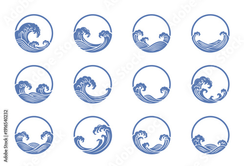 Japanese sea wave outline round labels. Ocean waves tattoo, logo emblem. Fresh water splashes nautical decoration, hand drawn wavy pattern. Vintage Chinese oriental badges. Vector isolated set
