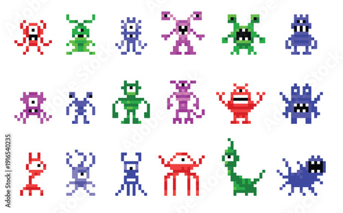 Monster pixel 8 bit. Arcade video game character, space alien pixel art retro mascot. 80s videogame animal, galaxy pixelated enemy, cosmic virus creature. Cute fantasy digital robot. Vector set
