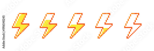 Pixel lightning energy bar. 8bit battery power charge interface indicator, videogame health status. Thunderbolt progress levels. Retro 80s arcade game UI pixelated element. Vector isolated set