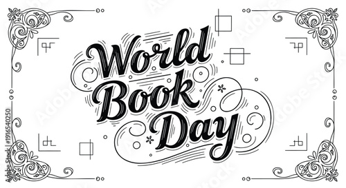 World Book Day label with decorative border and icons, black and white illustration